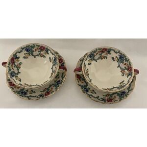 Vtg Royal Cauldon VICTORIA Soup Bowl & Saucer England Floral Scalloped Gold TWO